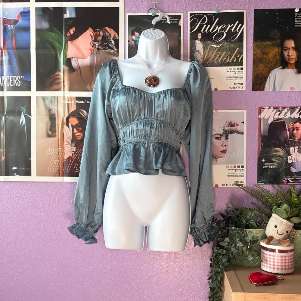 Lush Sage Blue Satin Peplum Blouse Size Small
